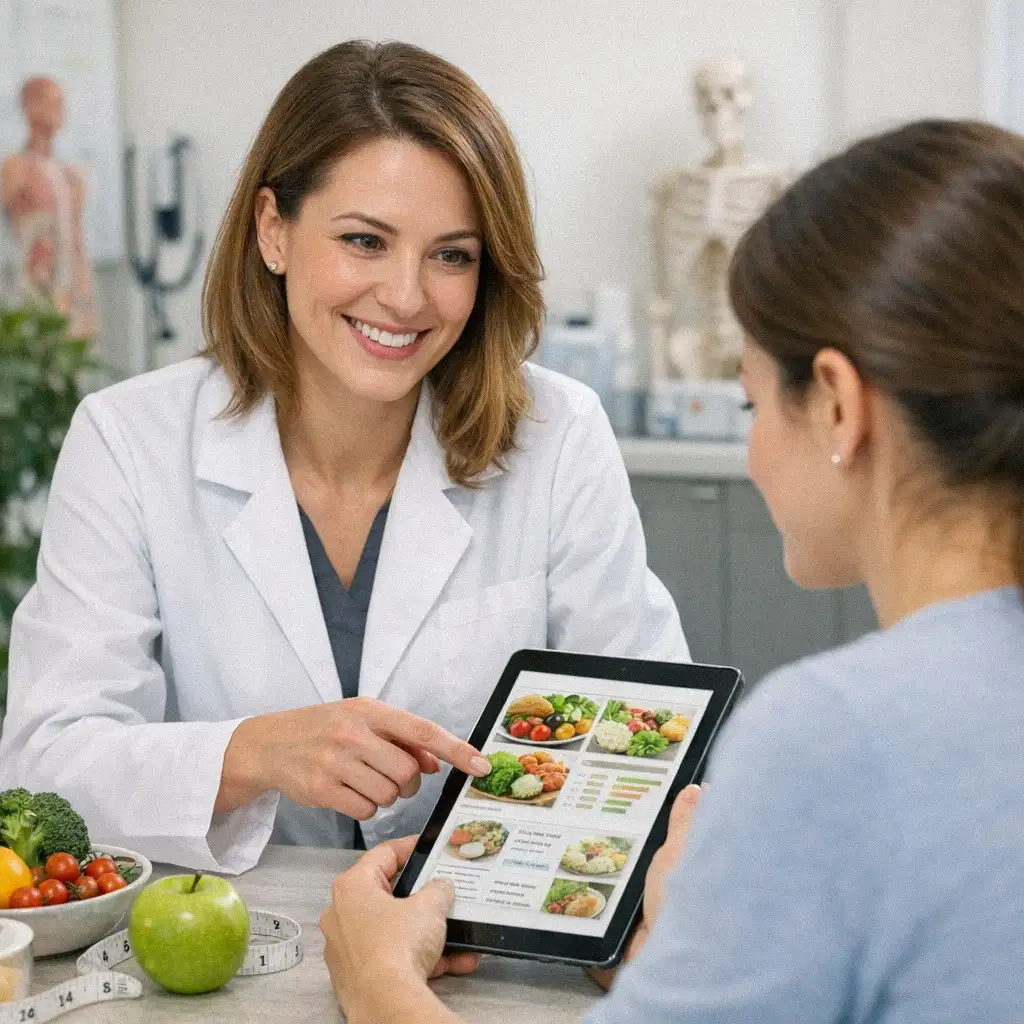 Bác sĩ dinh dưỡng tư vấn cho bệnh nhân tại phòng khám.