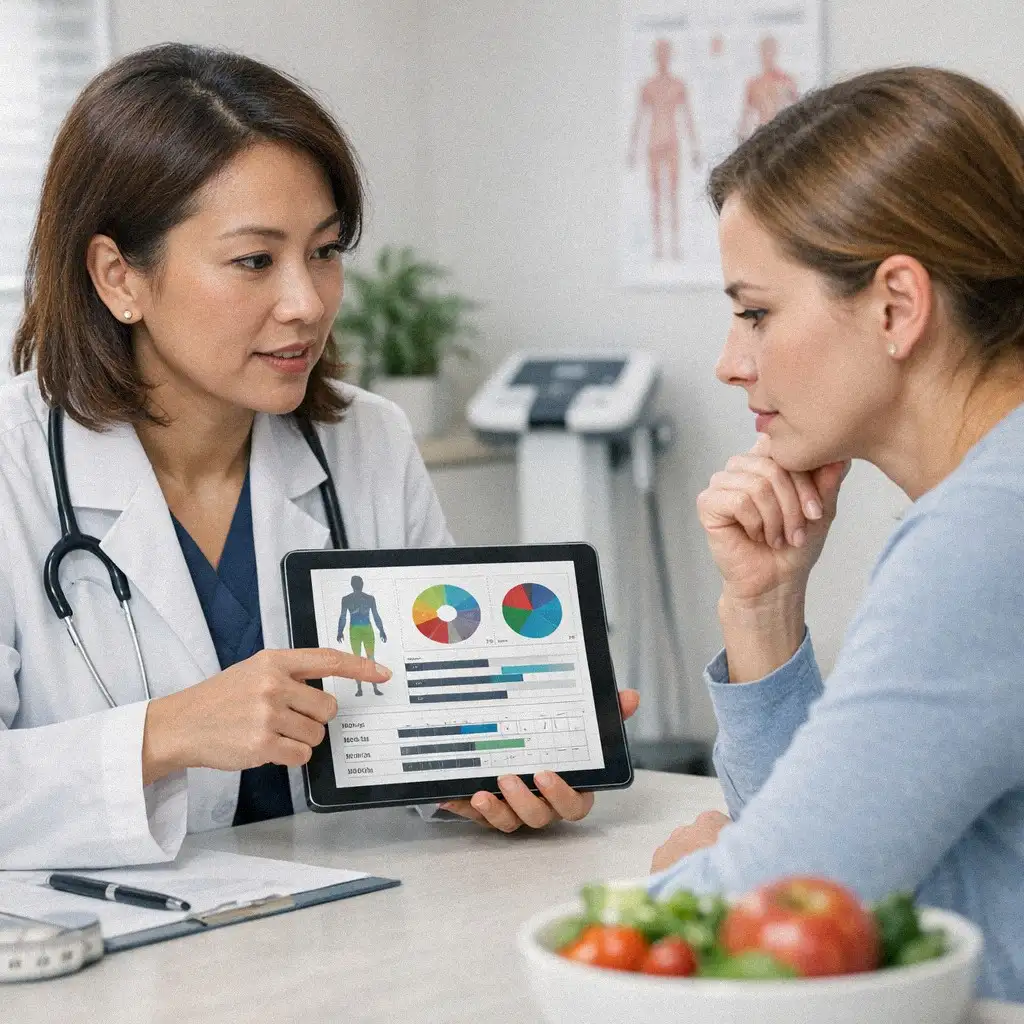 Bác sĩ tư vấn dinh dưỡng giải thích kết quả InBody cho bệnh nhân về chế độ ăn 1200 calo.