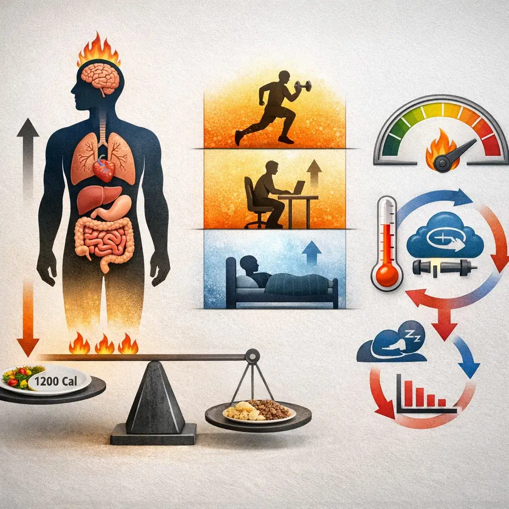 Biểu đồ minh họa cơ chế BMR, TDEE, thâm hụt calo và nguy cơ giảm trao đổi chất khi ăn kiêng.