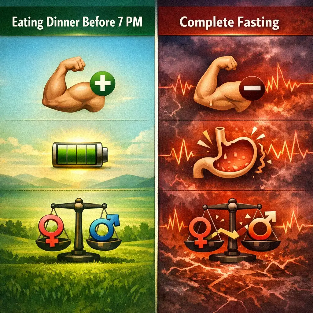 Biểu đồ so sánh lợi ích sức khỏe giữa ăn tối sớm và nhịn ăn tối