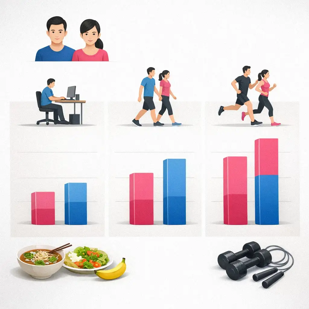 Biểu đồ so sánh nhu cầu năng lượng hàng ngày (TDEE) của nam và nữ giới Việt Nam theo mức độ vận động.