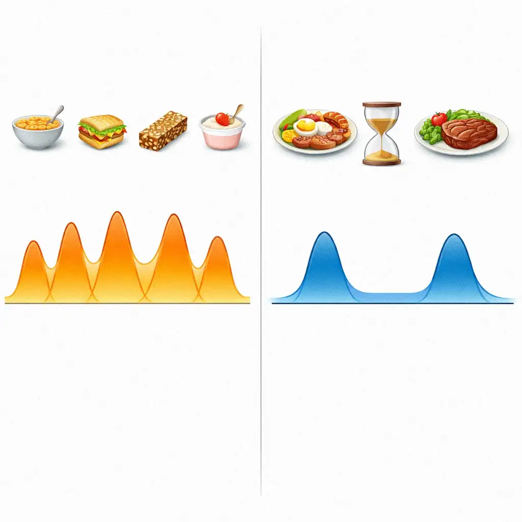 Biểu đồ so sánh nồng độ insulin khi ăn nhiều bữa nhỏ và ăn 2 bữa/ngày