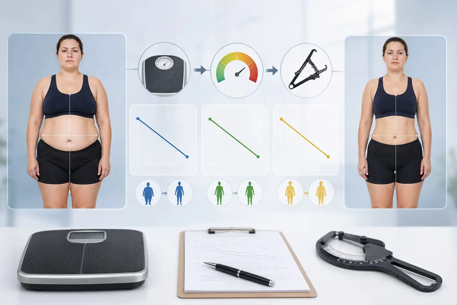 Biểu đồ theo dõi BMI và tỷ lệ mỡ cơ thể sau 8 tuần giảm cân khoa học