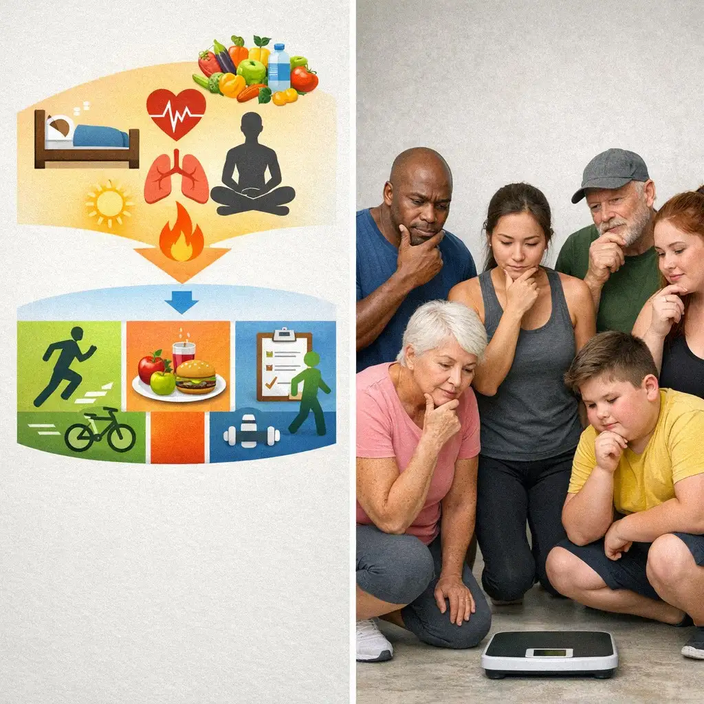 Biểu đồ thông tin và nhóm người đa dạng suy ngẫm về cân nặng, minh họa cho sự cá nhân hóa trong tính toán calo giảm cân.