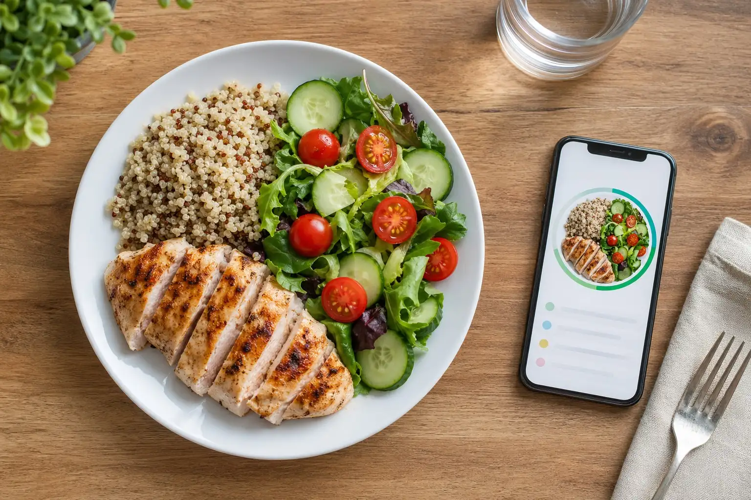Bữa ăn lành mạnh được kiểm soát lượng calo với gà nướng và salad.