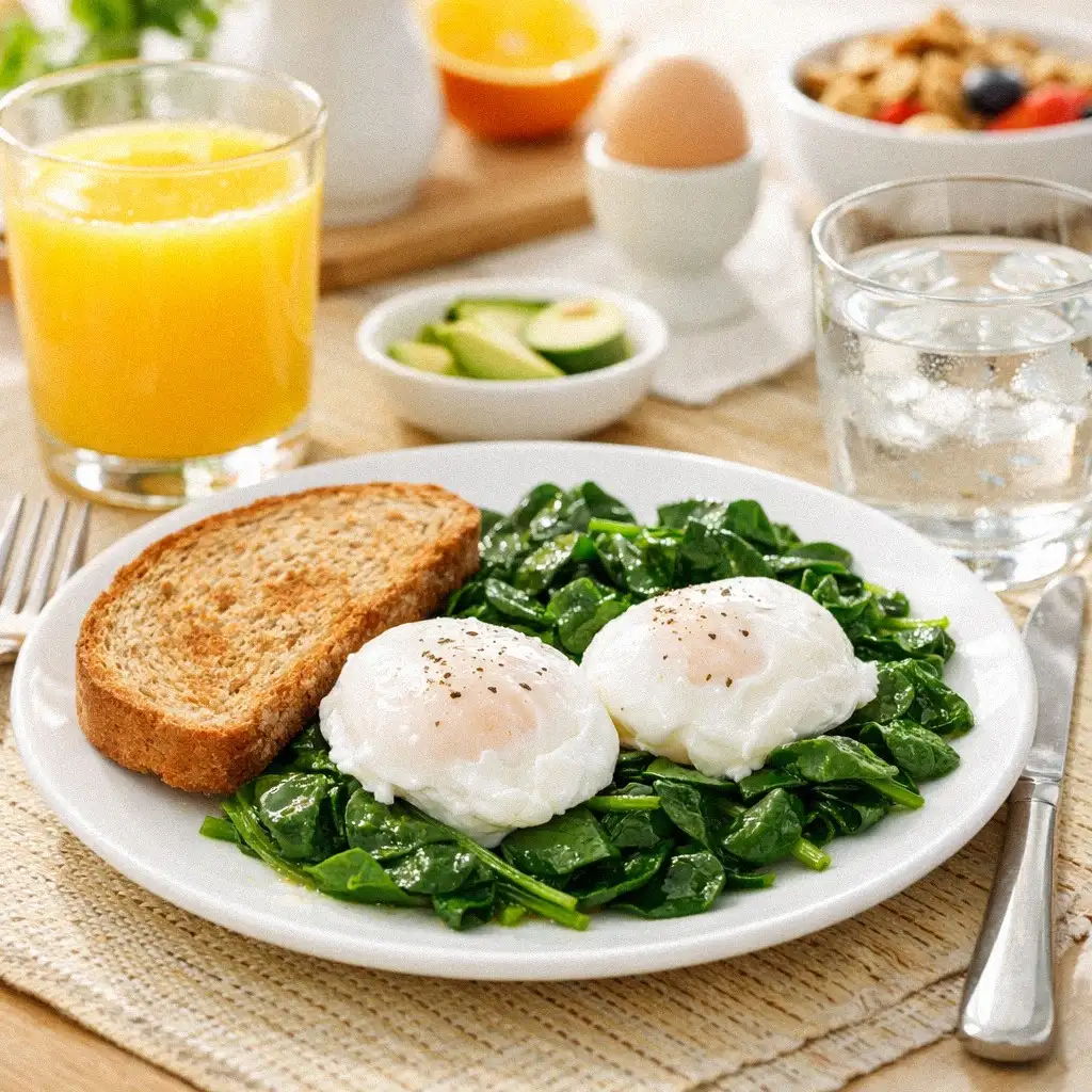 Bữa sáng đầy đủ dinh dưỡng với trứng chần, rau bina và bánh mì nguyên cám.