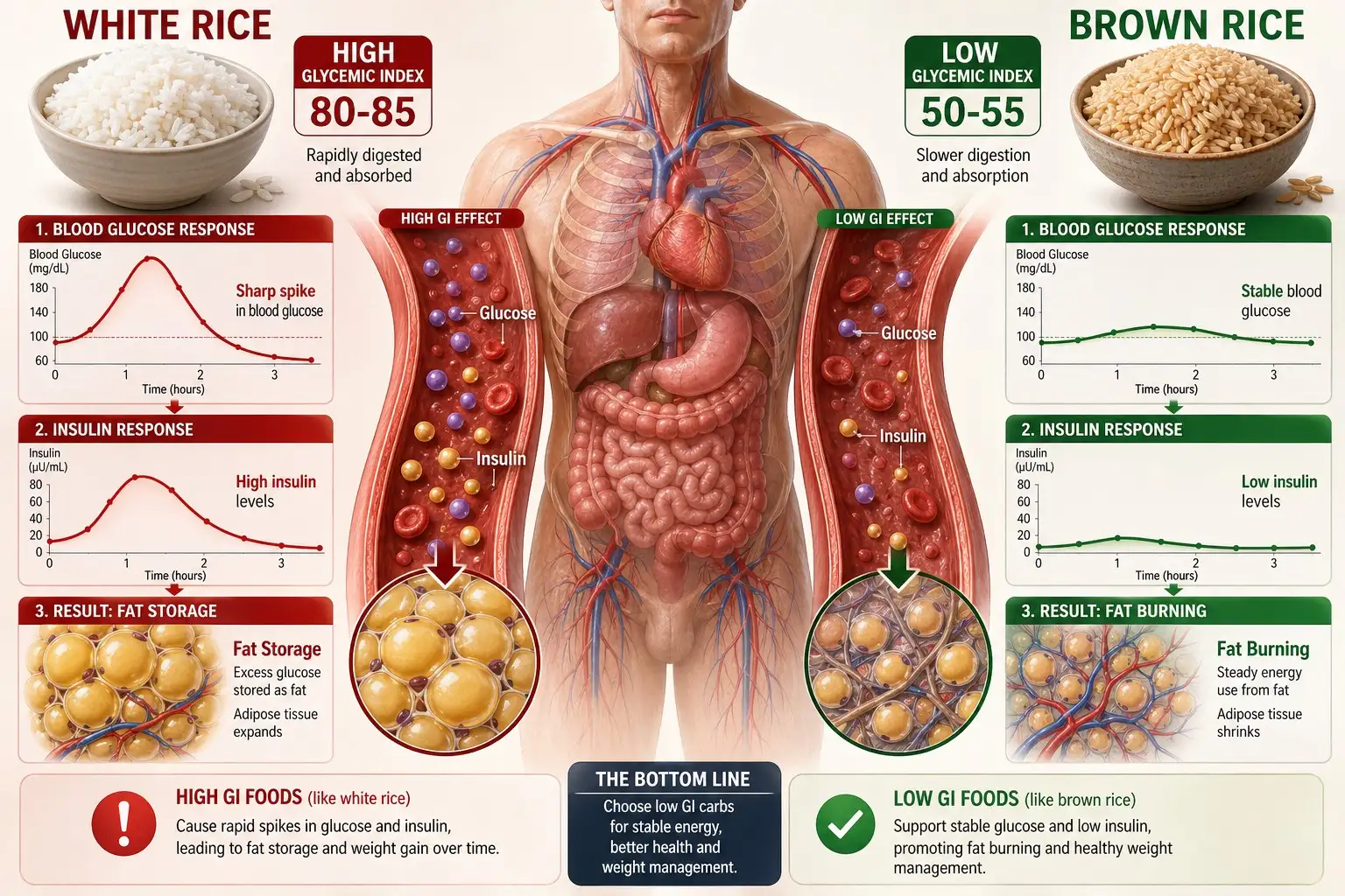 Cơ chế insulin và glucose ảnh hưởng đến tích mỡ nội tạng khi ăn cơm trắng so với cơm lứt