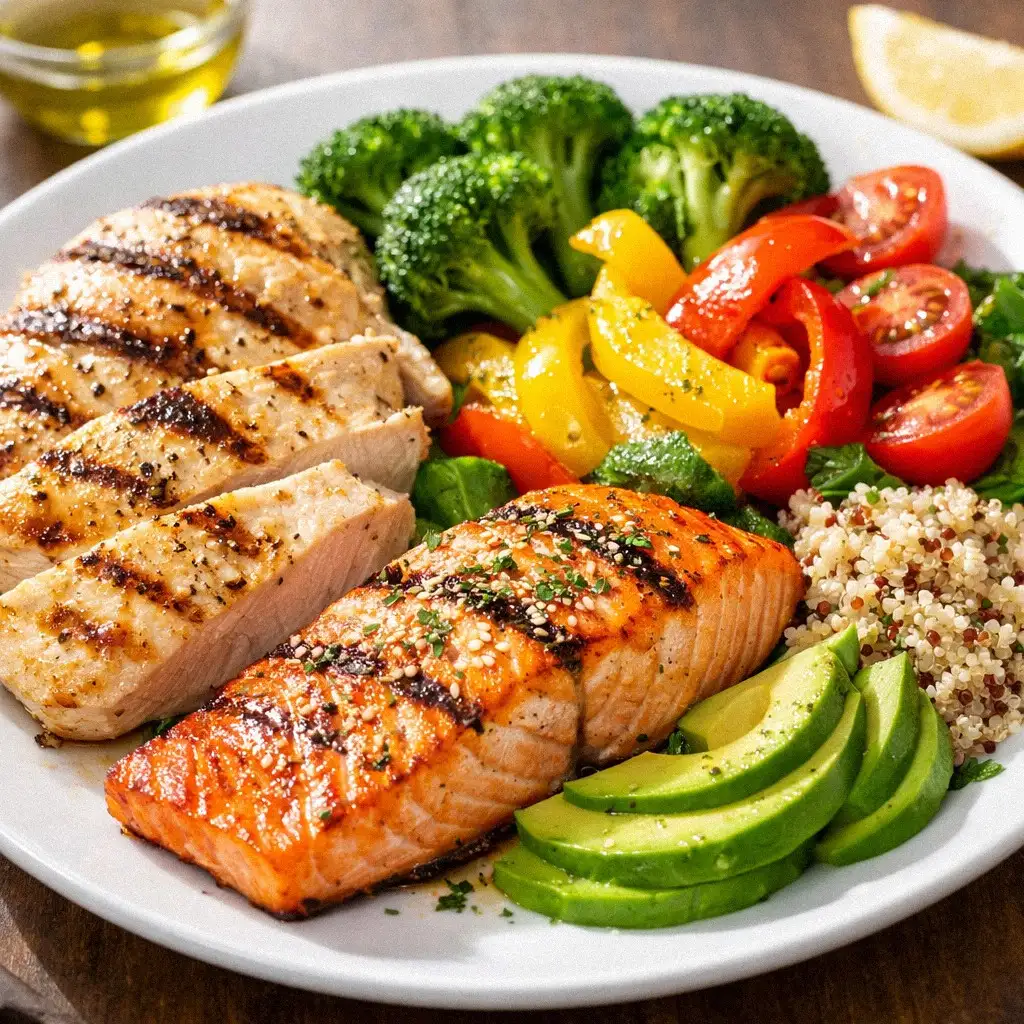 Đĩa thức ăn giàu protein với thịt gà, cá hồi và rau củ