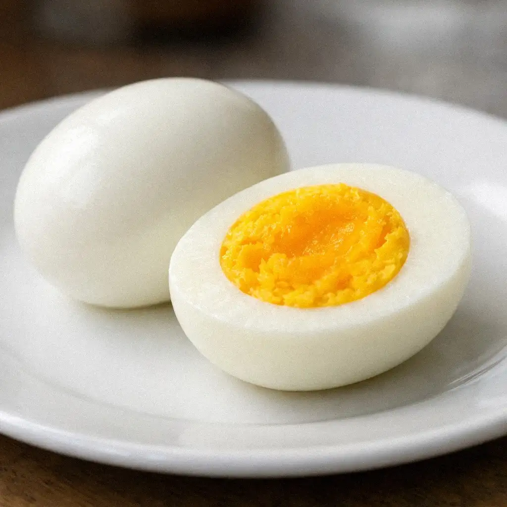 Hai quả trứng luộc chín tới, một quả cắt đôi khoe lòng đỏ vàng óng, đặt trên đĩa trắng tinh.