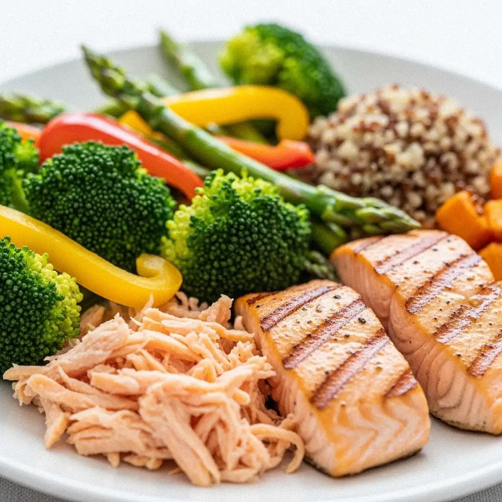 Hình ảnh bữa ăn cân bằng dinh dưỡng, giàu protein và chất xơ