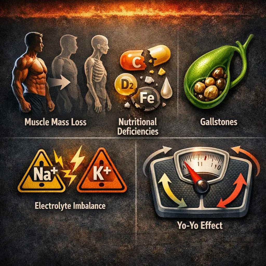 Hình ảnh cảnh báo các rủi ro sức khỏe nghiêm trọng khi áp dụng thực đơn giảm cân cực đoan.