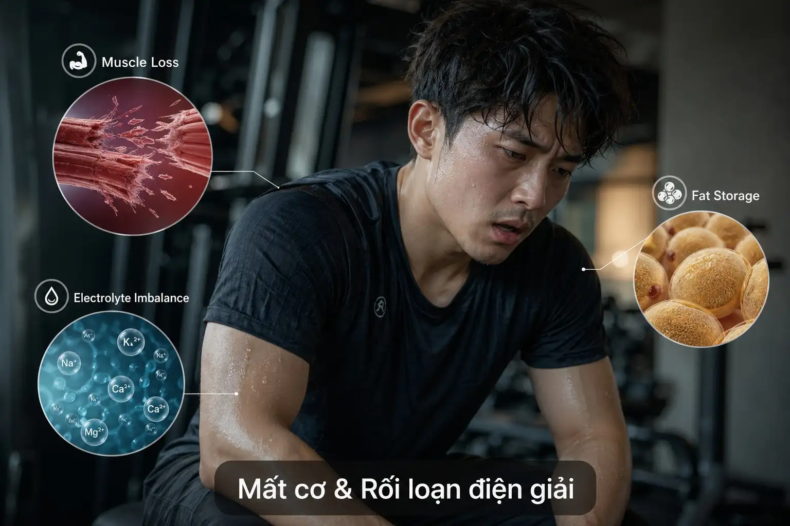 Hình ảnh minh họa tình trạng mất cơ và mệt mỏi do ăn thiếu hụt calo cực đoan