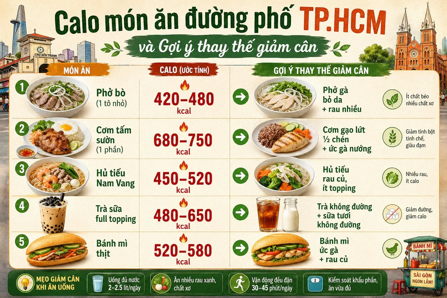 Infographic calo món ăn đường phố TP.HCM và gợi ý thay thế