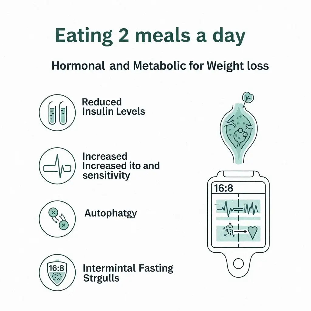 Infographic giải thích lợi ích hormone và trao đổi chất của việc ăn 2 bữa/ngày để giảm cân