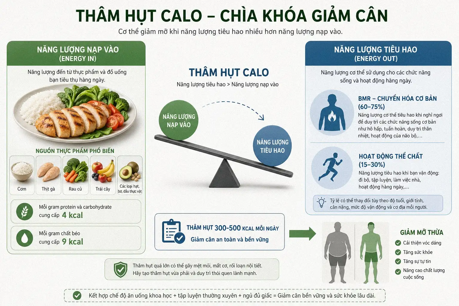 Infographic giải thích thâm hụt calo giúp giảm cân