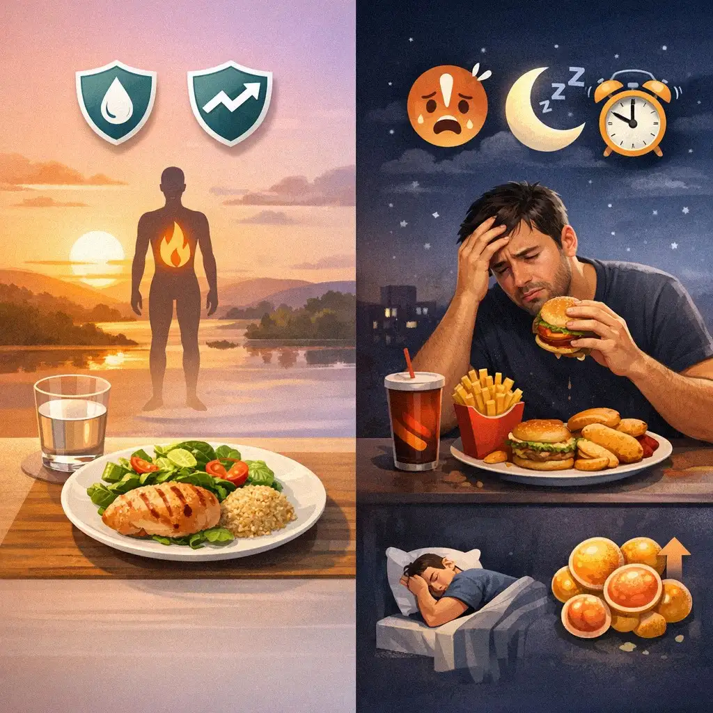 Infographic so sánh ăn tối sớm và ăn tối muộn