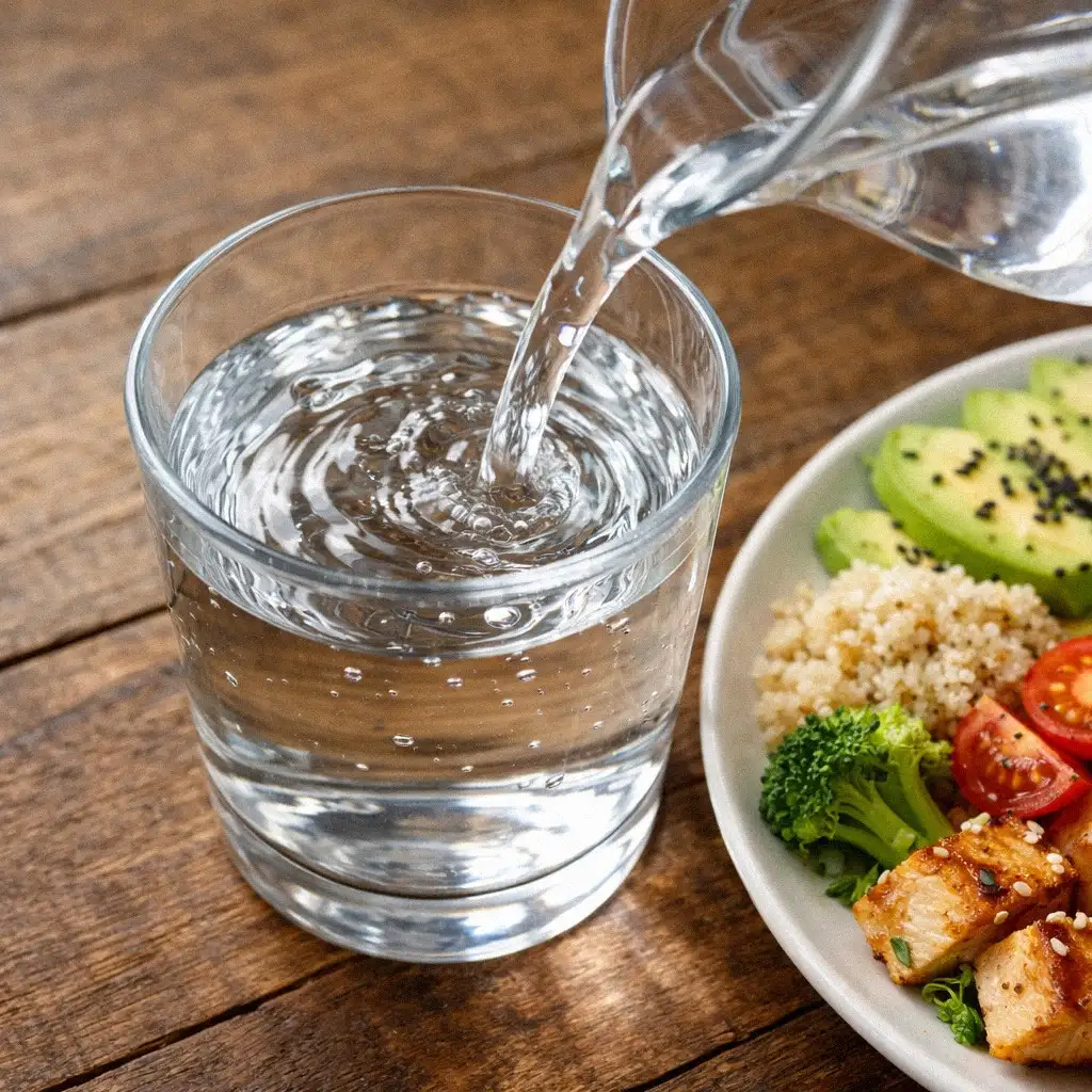 Ly nước lọc trong bữa ăn
