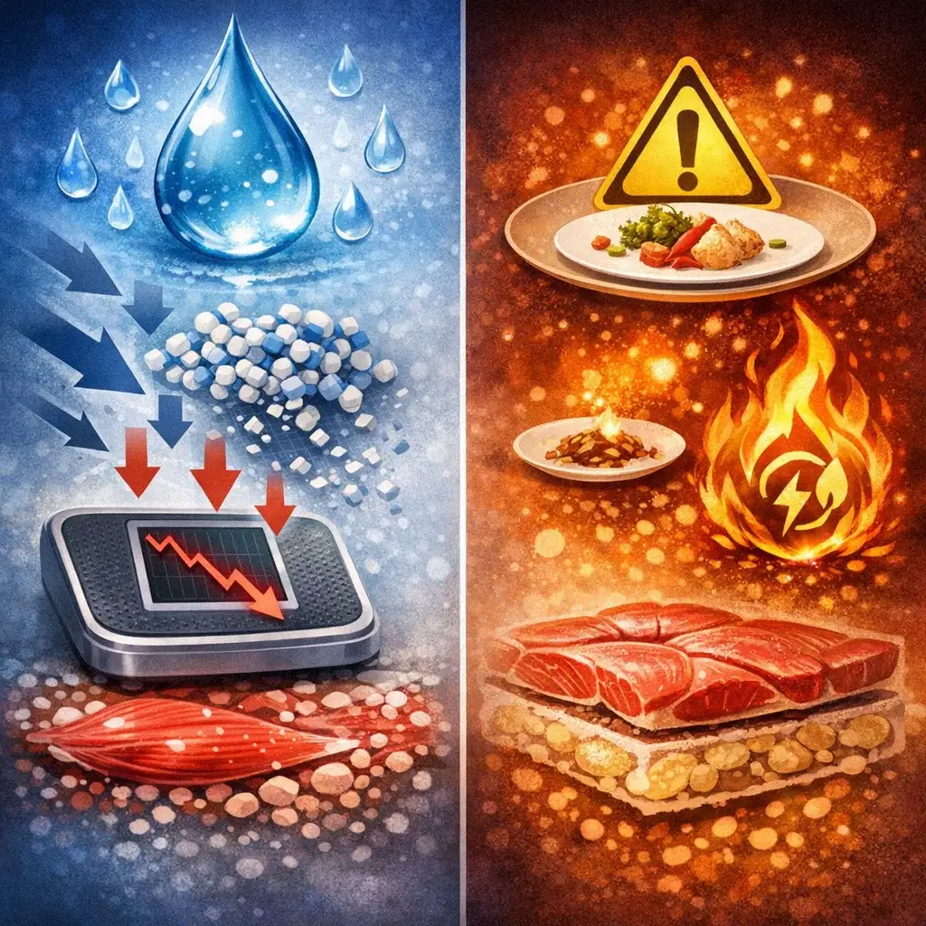 Minh họa cơ chế giảm cân nhanh của thực đơn Lưu Diệc Phi, tập trung vào mất nước và thiếu hụt calo.