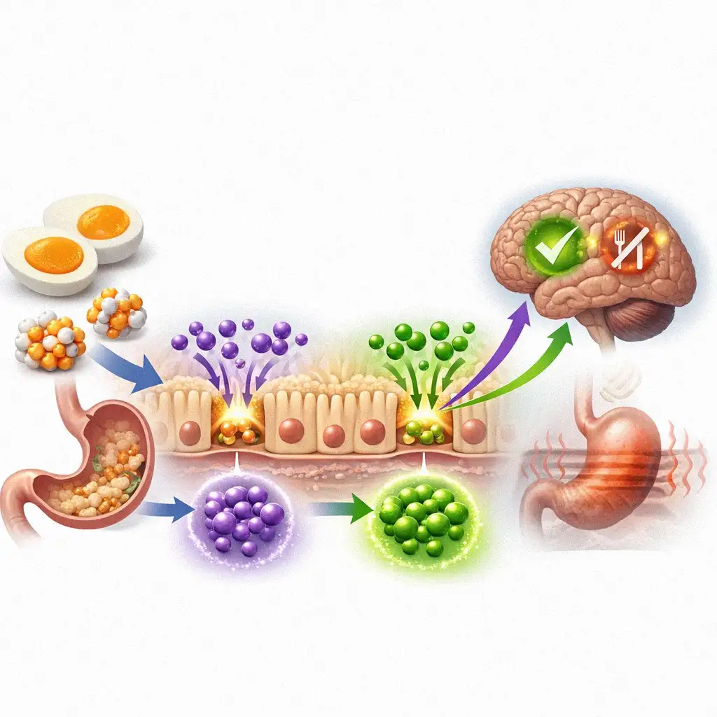 Minh họa đồ họa về cơ chế hormone tạo cảm giác no khi ăn protein từ trứng.