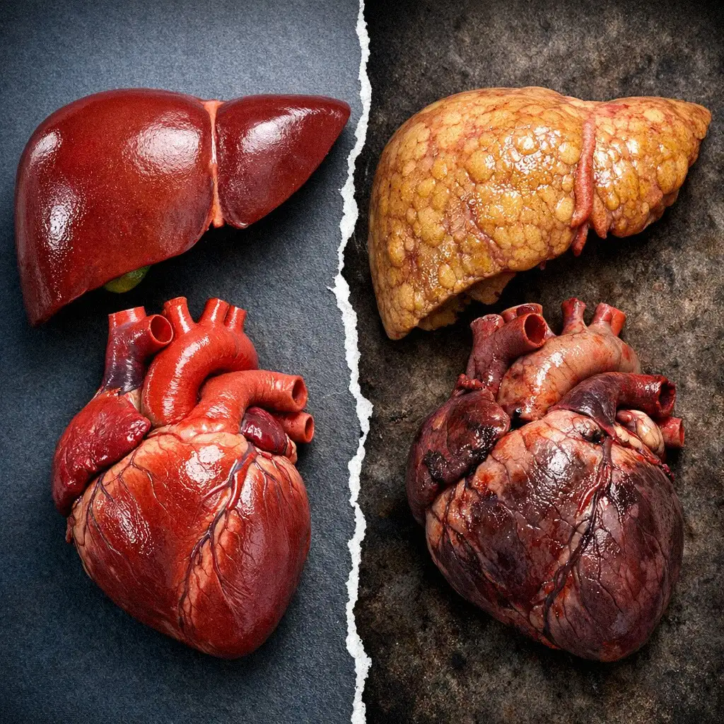 Minh họa gan nhiễm mỡ và tim mạch do suy giảm chuyển hóa.