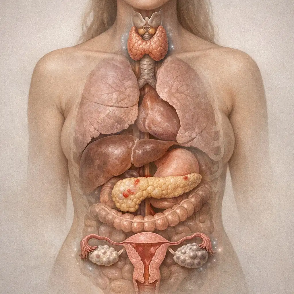 Minh họa hệ thống nội tiết tố, bao gồm tuyến giáp, tuyến tụy và buồng trứng, thể hiện các bệnh lý liên quan đến trao đổi chất.