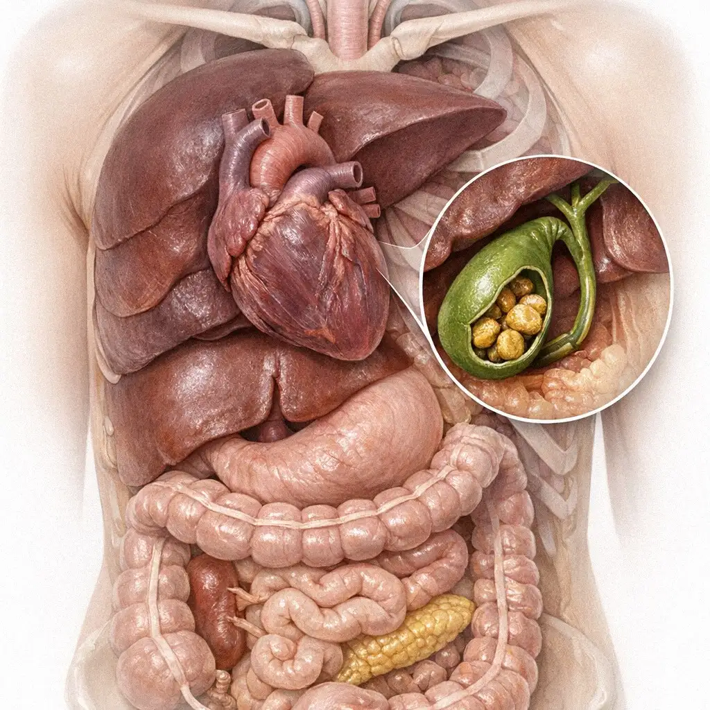 Minh họa về sỏi mật và teo cơ tim do ăn kiêng quá ít calo