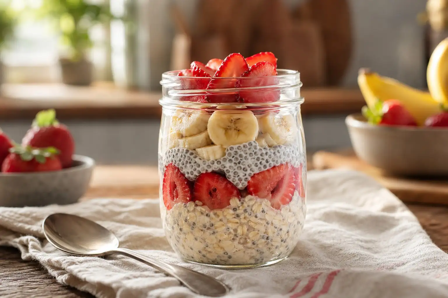 Món yến mạch ngâm qua đêm (overnight oats) với hoa quả tươi
