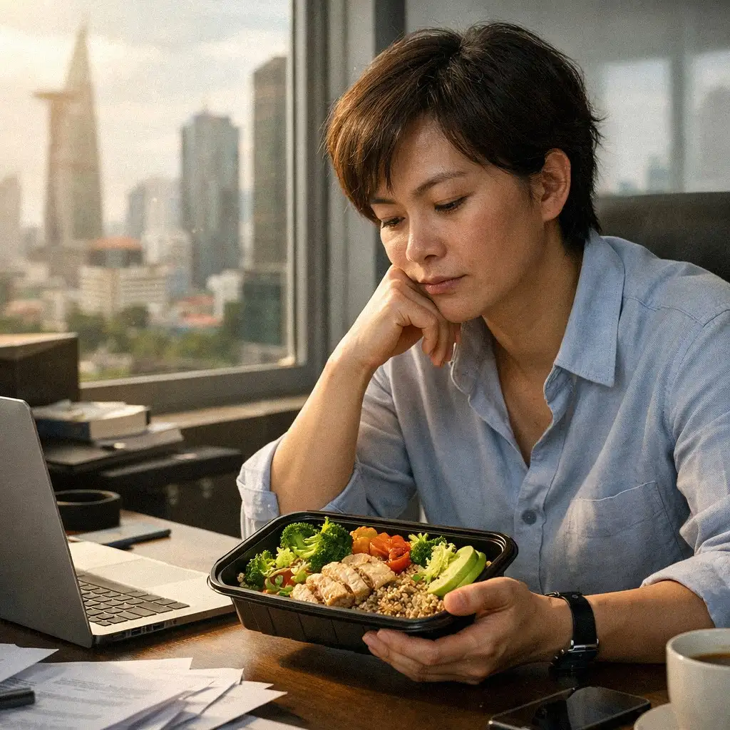 Một người trẻ tuổi đang làm việc tại văn phòng ở TP.HCM, suy tư về bữa ăn lành mạnh