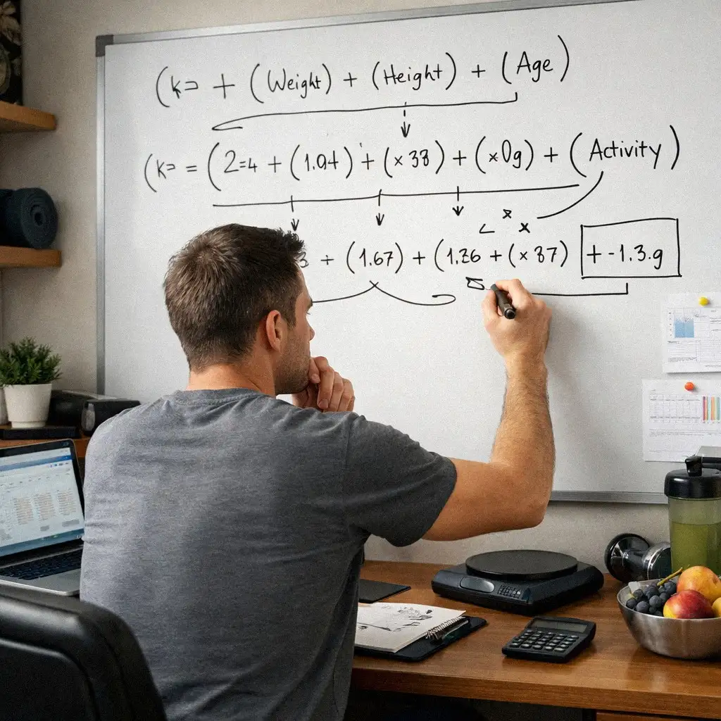 Người tính toán TDEE tỉ mỉ trên bảng trắng