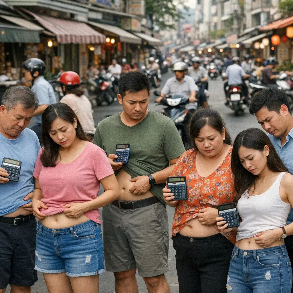 Người Việt với vẻ mặt băn khoăn xem xét tính toán cân nặng giữa cuộc sống bận rộn