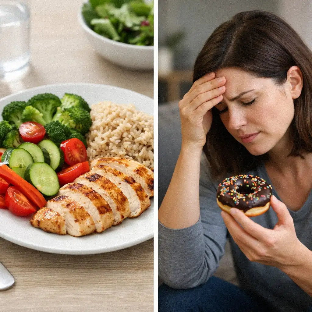 So sánh bữa ăn cân bằng và hình ảnh căng thẳng khi nhịn ăn gián đoạn.