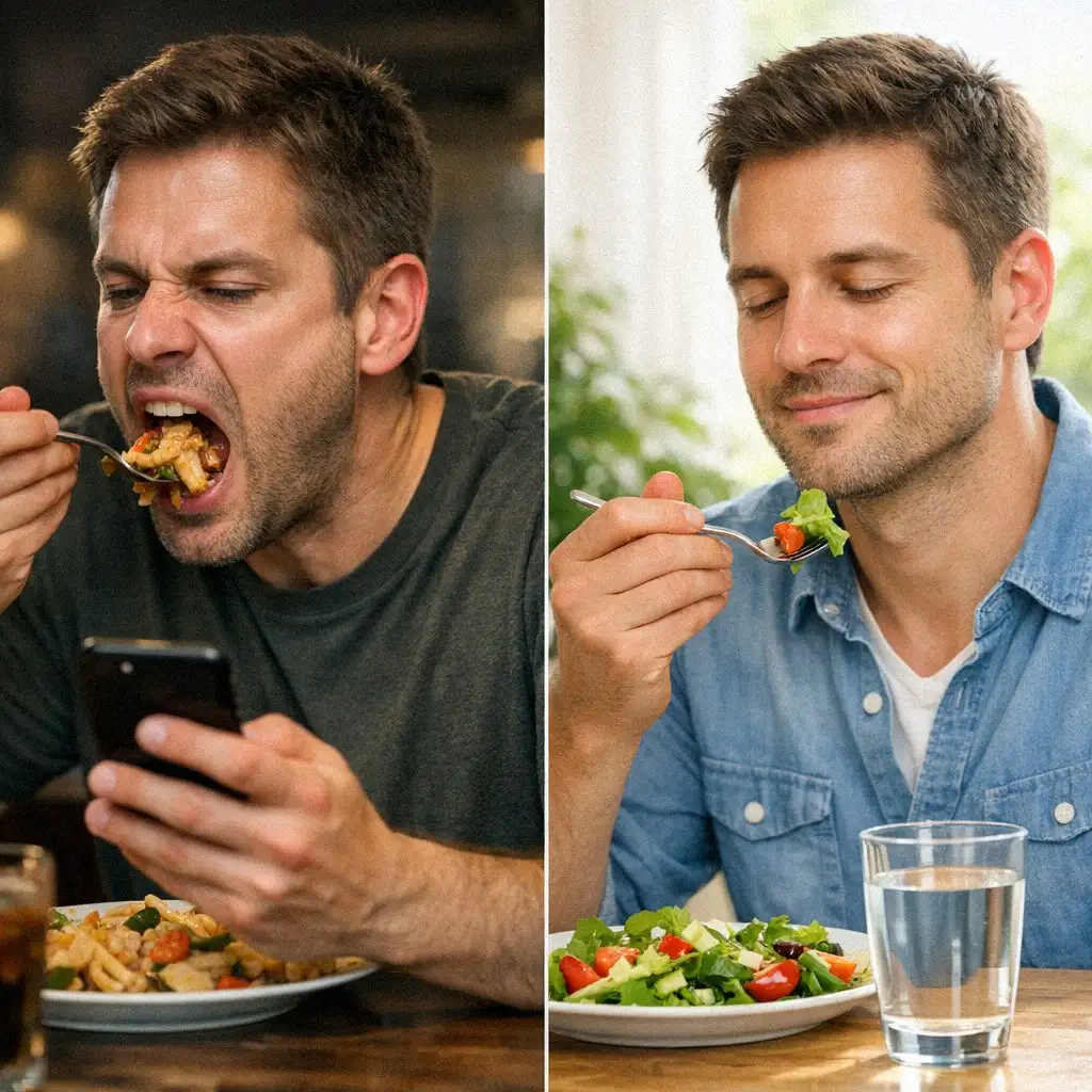 So sánh giữa việc ăn nhanh và ăn chậm, nhai kỹ.