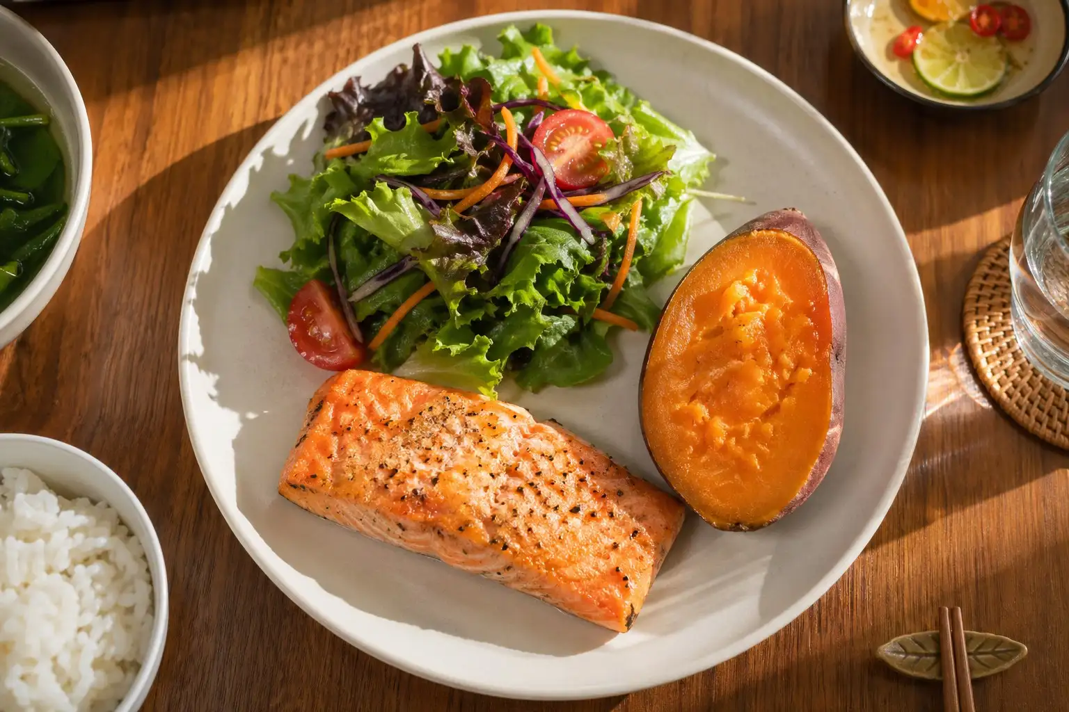 Thực đơn ăn tối giảm cân lành mạnh với cá hồi, salad và khoai lang khoảng 450 calo