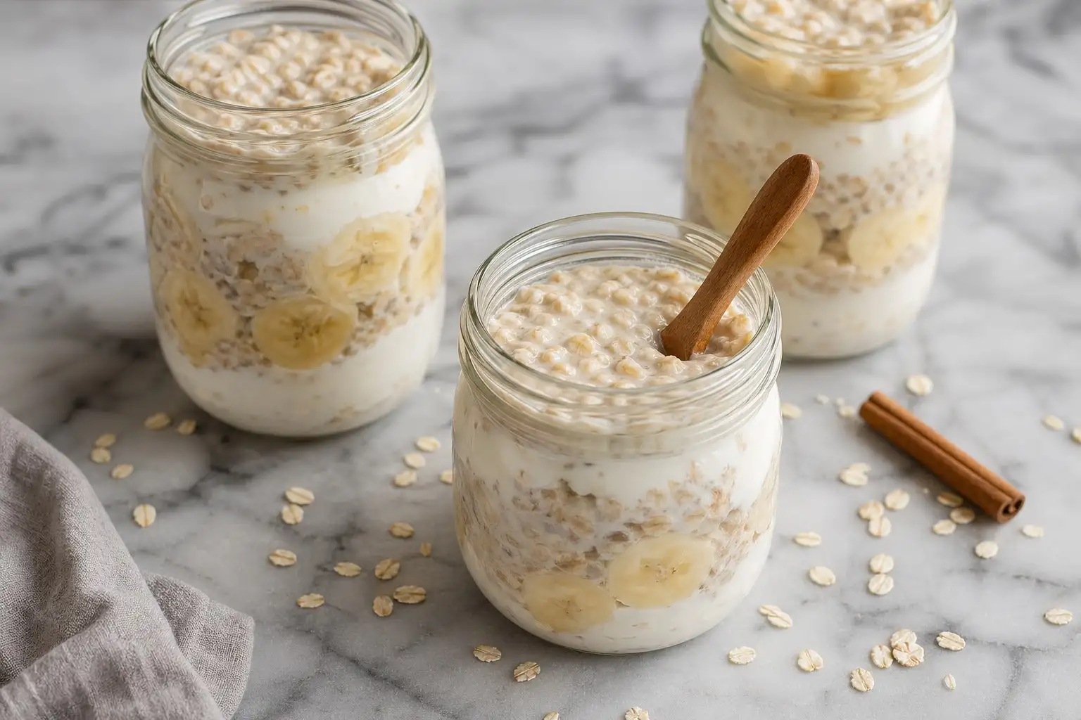 Yến mạch ngâm qua đêm (overnight oats) với sữa chua không đường trong hũ thủy tinh.