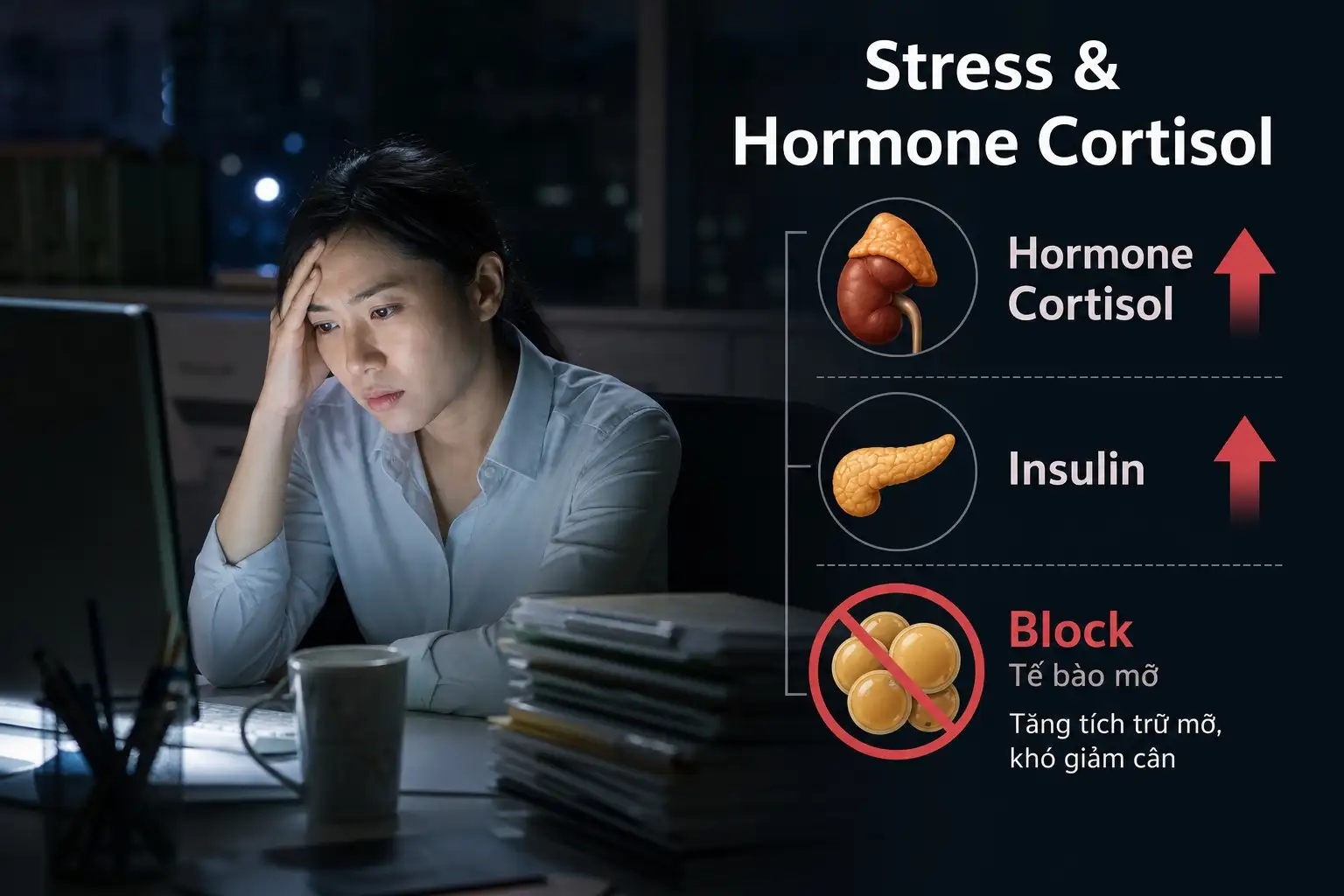 Ảnh minh họa stress và cortisol cao gây tích mỡ bụng khi ăn 16/8
