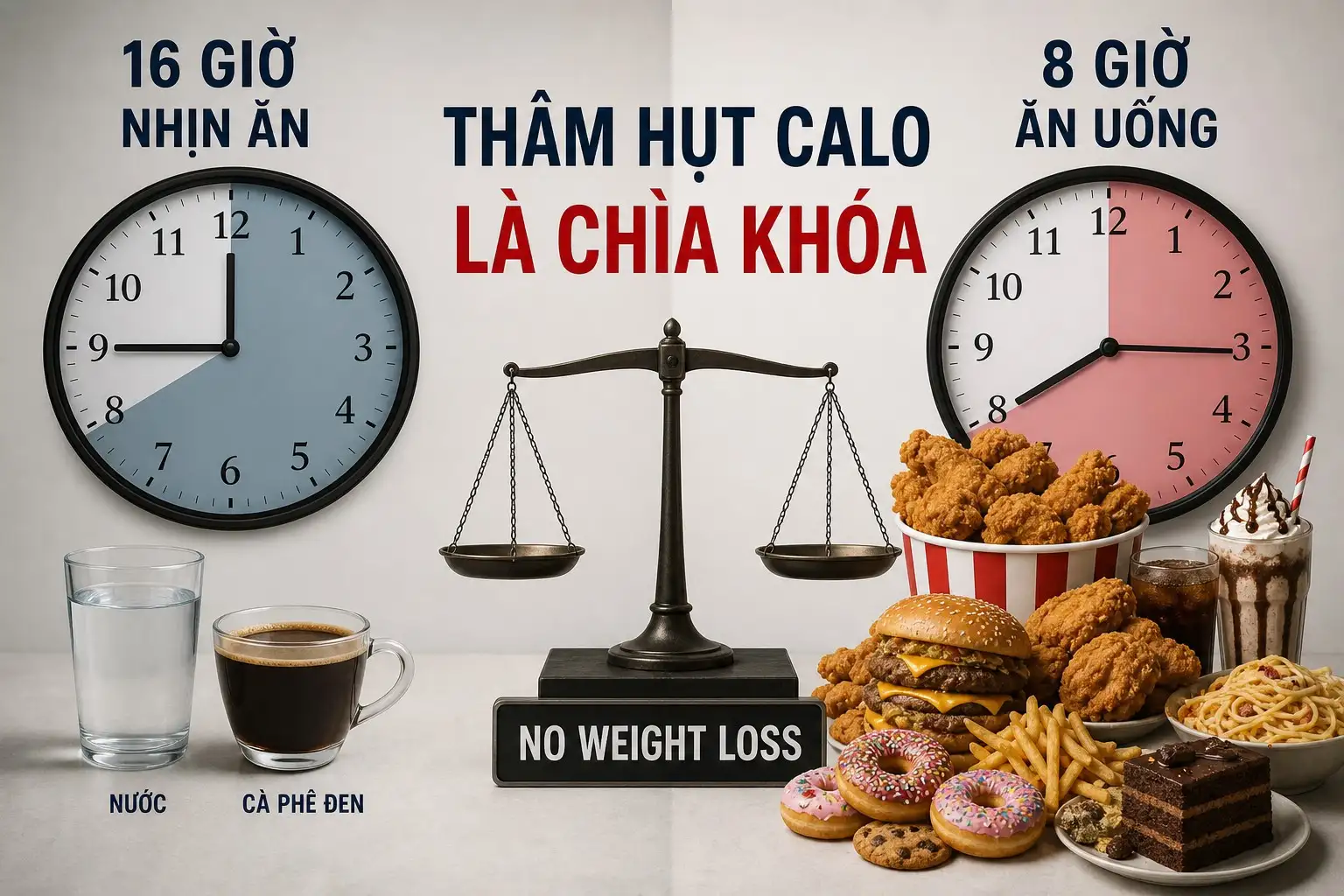 Hình ảnh minh họa cơ chế nhịn ăn 16/8 và sai lầm dư thừa calo
