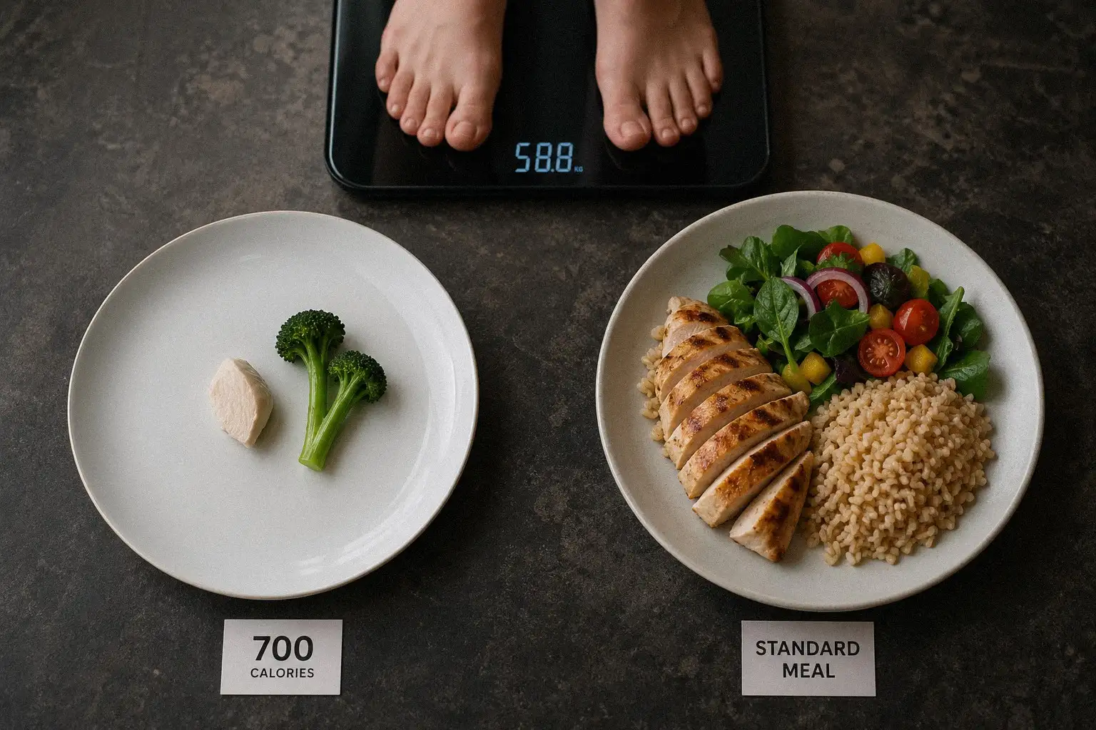 Hình ảnh so sánh bữa ăn 700 calo nghèo nàn và đôi chân trên cân điện tử