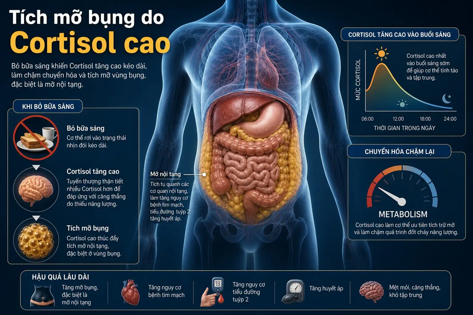 Infographic giải thích cơ chế cortisol cao gây tích mỡ bụng khi nhịn ăn sáng