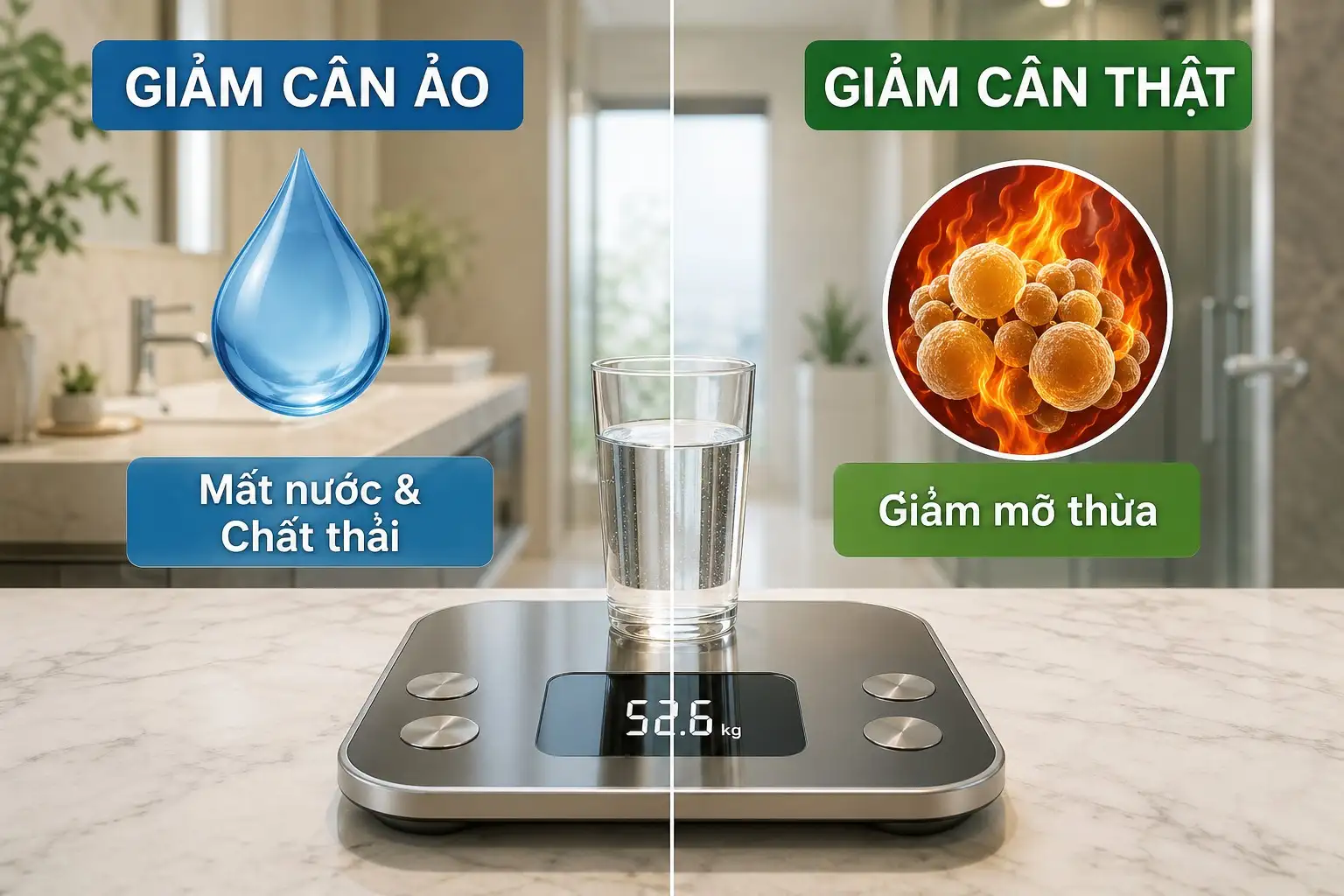 So sánh sự khác biệt giữa giảm cân do mất nước và giảm mỡ thừa thực sự.